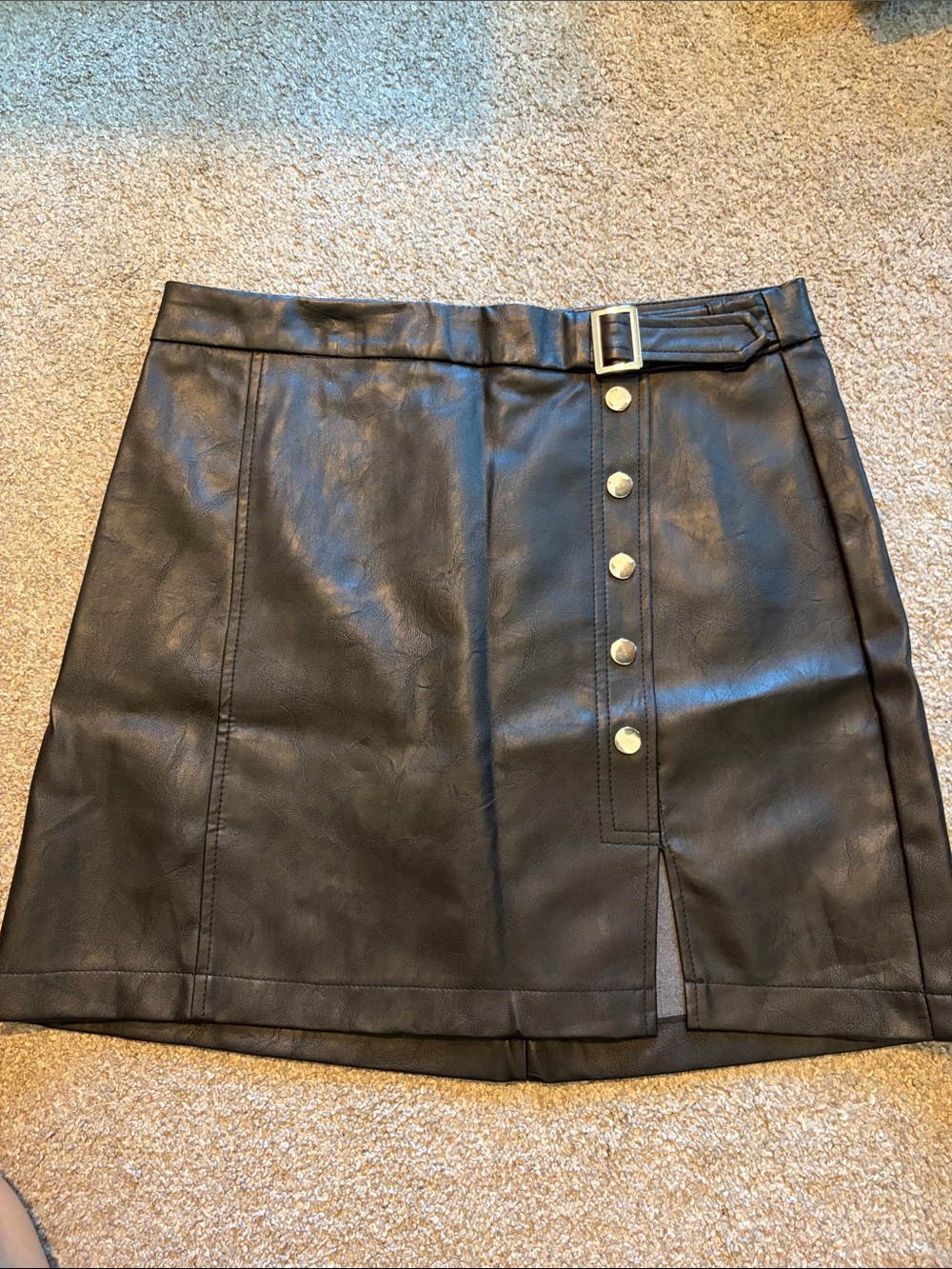 Haute Monde Black Faux Leather Button-Front Mini Skirt with Buckle Waist